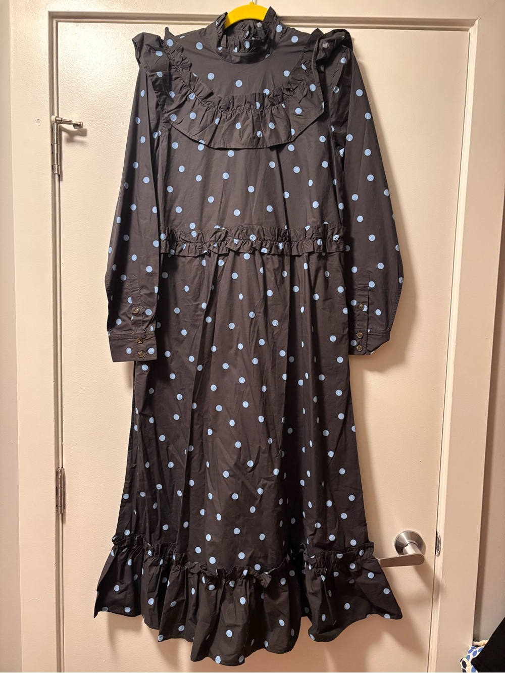 NWT Ganni Blue Polka Dot Cotton Poplins Ruffle Cottagecore Maxi Dress - Picture 3 of 10